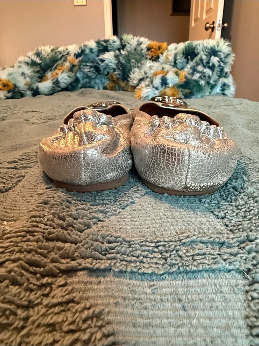 Tory Burch Metallic Silver Riva Logo Ballet Flats
